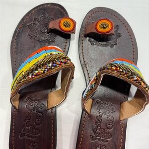 Beaded Leather Toe-Ring Sandals in Brown and Multicolor